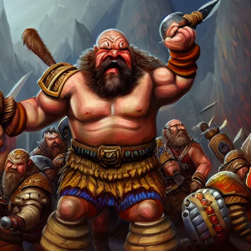 Image similar to painting of a dwarven berserker fighting a crew of crazy goblin warriors, sharp focus, high symmetry, award - winning, trending on artstation, masterpiece, highly detailed, intricate. art by christopher rush