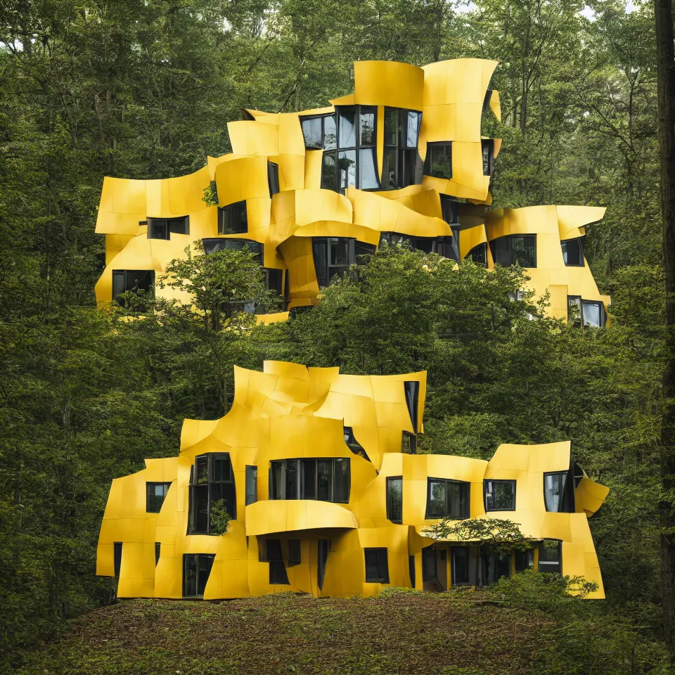 Image similar to architecture ad for a simple house in the forest, designed by Frank Gehry. Big Tiles. Film grain, cinematic, yellow hue