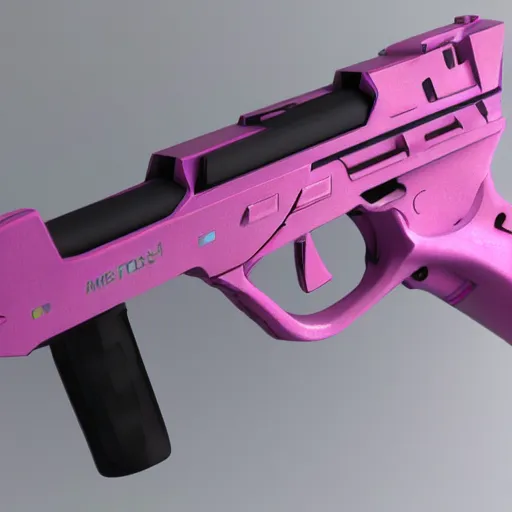 Image similar to pink coloured, majors thermodynamic pistol from ghost in the shell, cute, weapon, gun, 3 d filament print, octane render, high definition