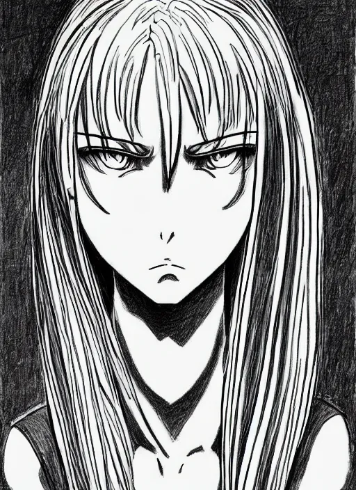 Image similar to line art pencil drawing of a chimera of a sad woman with big crying eyes,, art by shinichi sakamoto and kentaro miura