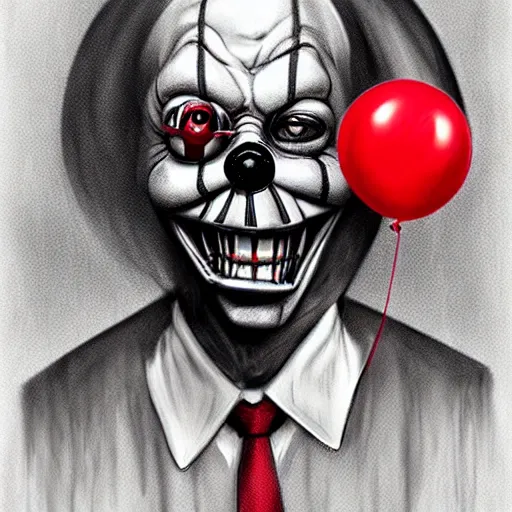 Prompt: surrealism grunge cartoon portrait sketch of death vader with a wide smile and a red balloon by - michael karcz, loony toons style, pennywise style, horror theme, detailed, elegant, intricate