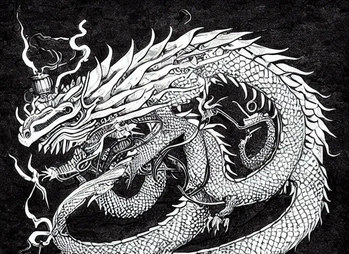 Prompt: black micron pen illustration, dragon with steam punk tanks and pipes on its side, classic chinese dragon, concept art, white background, artstation