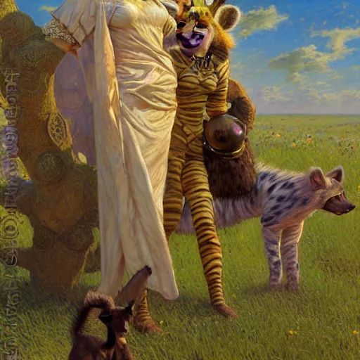 Image similar to a field with a female hyena hyenawoman canine in wizard robes. zootopia fursona furaffinity furry art detailed face painting by gaston bussiere craig mullins jc leyendecker gustav klimt artgerm greg rutkowski furry