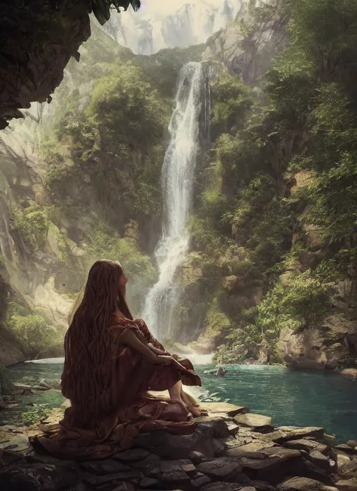 Image similar to a sage in fabrics under a waterfall in a beautiful mountainous area, in style arcane, musician, musical keyboard, hyper detailed, digital art, trending in artstation, cinematic lighting, studio quality, smooth render, unreal engine 5 rendered, octane rendered, art style by joseph christian leyendecker and wlop and krenz cushart