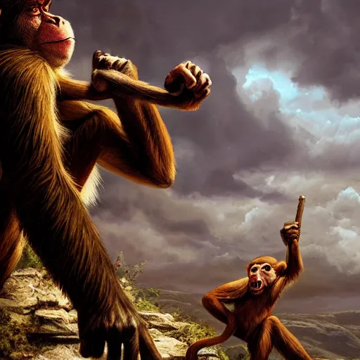 Prompt: a monkey throwing a bone to the air , dramatic lighting, cinematic, establishing shot, extremly high detail, photorealistic, cinematic lighting, artstation, style by James Gurney