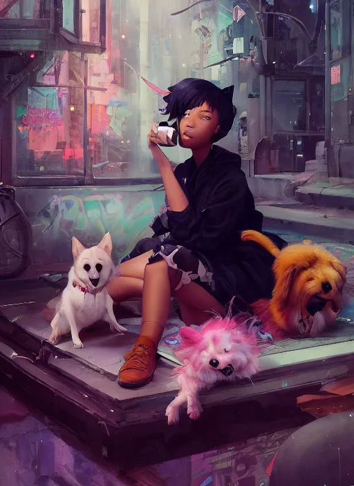 Image similar to beautiful fantasy painting of a Hiphop Lofi anime princess and her corgi chilling to music, by Kenne Gregoire, James Jean, Tran Nguyen, WLOP, Jakub Rebelka. trending on Artstation, 8k, masterpiece, face enhance, graffiti paint, fine detail, full of color, intricate detail, golden ratio illustration