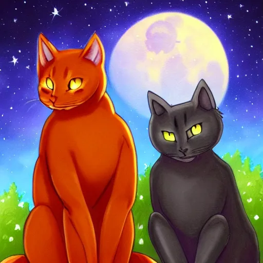 Prompt: Firestar and Ravenpaw sitting next to each other looking into the Moon, Warrior cats, Back side view, Erin Hunter, wholesome, high detail, forest scenery, Moon view, illustration of 2 cats, trending on artstation, beautiful Paintings