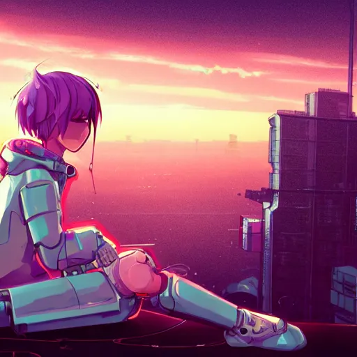Prompt: android mechanical cyborg anime girl child overlooking overcrowded urban dystopia sitting. Pastel pink clouds baby blue sky. Gigantic future city. Raining. Makoto Shinkai. Wide angle. Distant shot. Purple sunset. Sunset ocean reflection. Pink hair. Pink and white hoodie. Cyberpunk. featured on artstation. robotic wired knee.