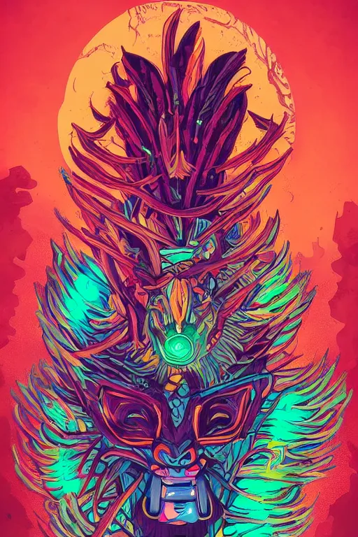 Image similar to totem animal tribal chaman vodoo mask feather gemstone plant wood rock video game illustration vivid color borderlands by josan gonzales and dan mumford radiating a glowing aura