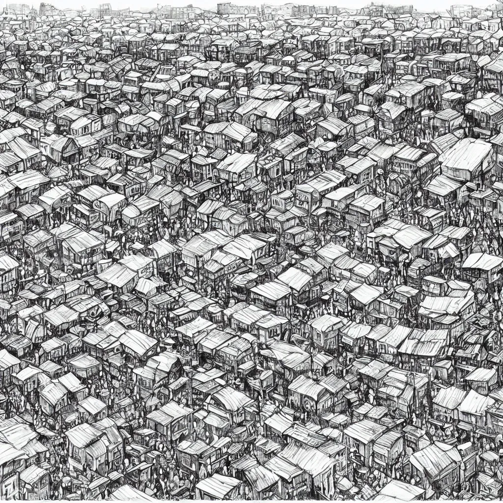 Image similar to a black and white drawing of a busy fish market stretching to the horizon, a storybook illustration by mattias adolfsson, behance contest winner, modern european ink painting, matte drawing, storybook illustration, panoramic, isometric