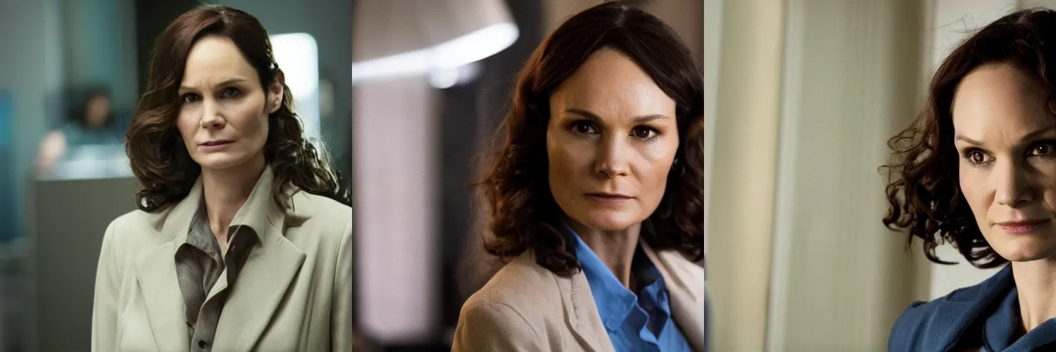 Prompt: close-up of Sarah Wayne Callies as a detective in a movie directed by Christopher Nolan, movie still frame, promotional image, imax 70 mm footage