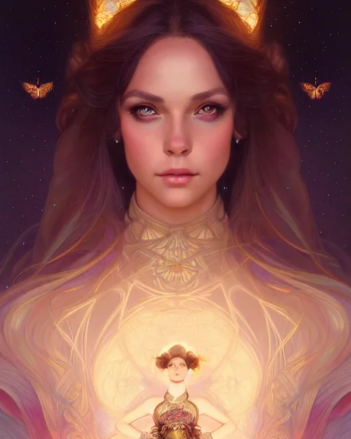 Image similar to symmetry portrait of brunette princess, glam, fae, fireflies, forest background, intricate, elegant, highly detailed, digital painting, artstation, concept art, smooth, sharp focus, illustration, art by artgerm and greg rutkowski and fra angelico and alphons mucha