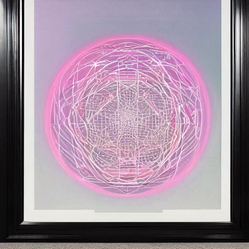 Image similar to photograph of a pastel screen print of a world locked in a mechanical box. Printed on thick paper of album artwork for the band TOOL designed by Ash Thorp.