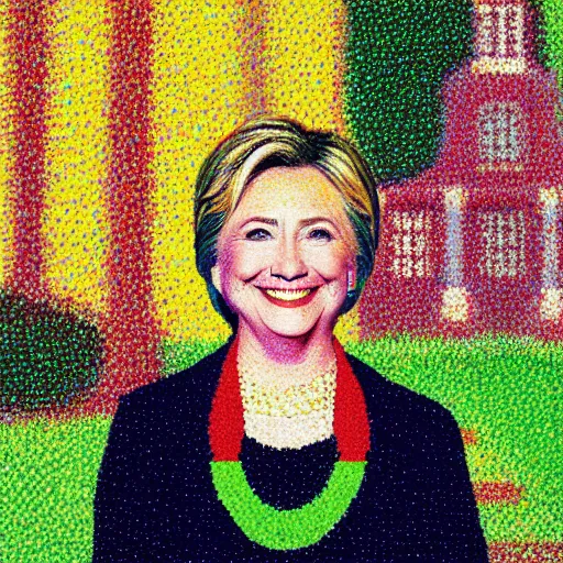 Image similar to very very very colorful pointillist portrait of hillary clinton wearing a beautiful necklace, painted by georges seurat