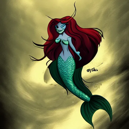 Image similar to grimdark little mermaid ariel action hero, detailed masterpiece digital art, dark tone