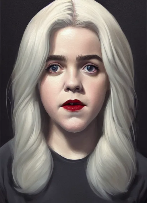 Image similar to full body portrait, kiernan shipka as sabrina spellman, white hair, obese, bangs, sultry, realistic, sultry smirk, fluffy bangs, curly bangs, fat, belly, intricate, elegant, highly detailed, digital painting, artstation, concept art, smooth, sharp focus, illustration, art by wlop, mars ravelo and greg rutkowski