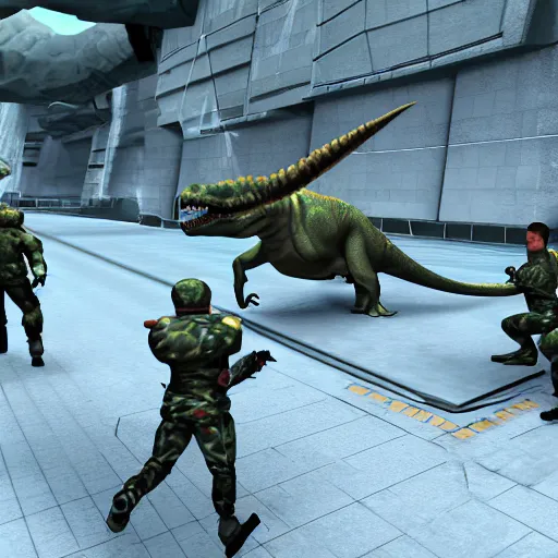 Image similar to futuristic soldiers fighting a dinosaur in garry's mod, in game screenshot