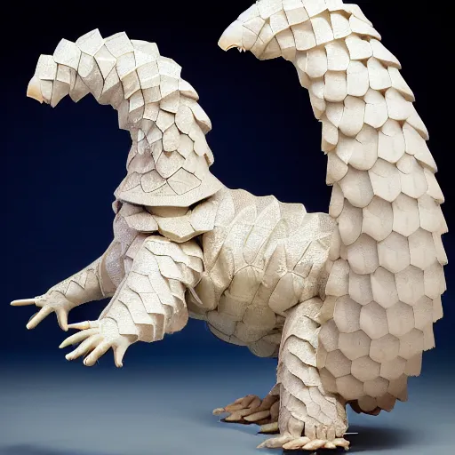 Prompt: a robotic pangolin that stands six feet tall with pearl white scales standing on its hind legs in front of a spaceship