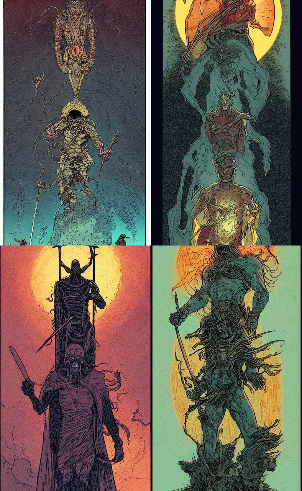 Prompt: god of death tarot card in the style of john harris and tim doyle by moebius, intricate, very detailed