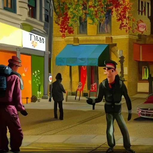 Image similar to Toronto urban stabbings tour guide, dramatic cinematic still of a Canadian being stabbed in colorful illustration by Pixar