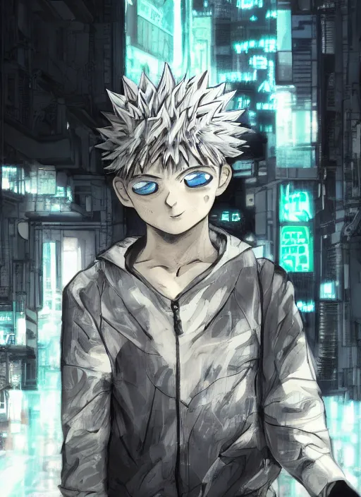 Prompt: Killua walking towards camera, epic, artstation, cyberpunk, intricate complexity, rule of thirds