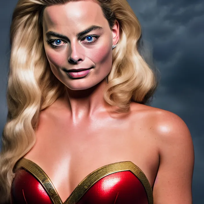 Prompt: full length portrait photograph of a margot robbie as wonder woman, Extremely detailed. 8k