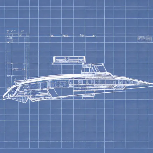 Image similar to blueprint of spaceship, technical drawing on blue paper, centered, studio lighting, 8 k