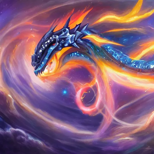 Image similar to sharp oil painting of aurelion sol dragon in the cosmos