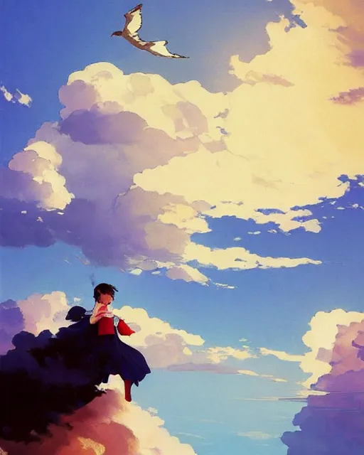 Prompt: cloud sea. atmospheric lighting, stunning, brave. eagle girl. by studio ghibli painting, clouds, wide angle, low - angle shot, by joaquin sorolla rhads leyendecker, by ohara koson and thomas kinkade, traditional japanese colors, superior quality, masterpiece, trending on artstation, isometric