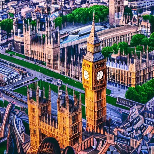 Image similar to london city, landscape, cityscape, high art, detailed, artstation award, intricate detail, panoramic, wide angle, sunset, color palette, big ben clock tower, british parliament building, from above