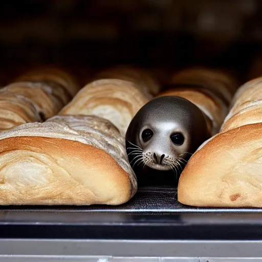 Prompt: baby seal hiding among loaves of bread at the grocery store, photo, realistic, 4k