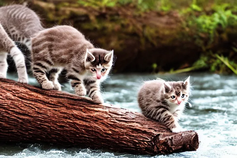 Image similar to kittens walking on a log that crosses a river