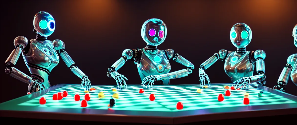 Image similar to a gorgeous highly detailed photo of two futuristic full - body humanoid robots with glowing led eyes sit on large midcentury recliners facing off in an intense game of checkers. cinematic movie photograph, cinematic lighting, arri alexa, extremely detailed, smooth, very very clean, 8 k, octane render, maya render, unreal engine, trending on artstation, dslr