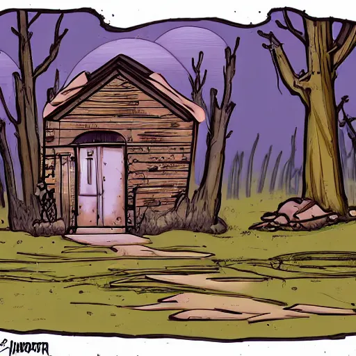 Prompt: a Illustration of a Eerie cabin in the middle of the woods in the style of borderlands