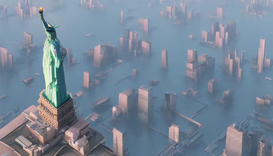 Image similar to A highly detailed matte painting of Statue of Liberty NY, by Studio Ghibli, Makoto Shinkai, by Artgerm, by beeple, by Greg Rutkowski, volumetric lighting, octane render, 4K resolution, trending on artstation, masterpiece