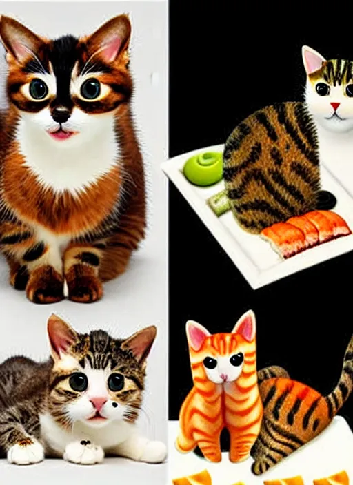 Image similar to clear photorealistic picture of adorable cats made out of sushi