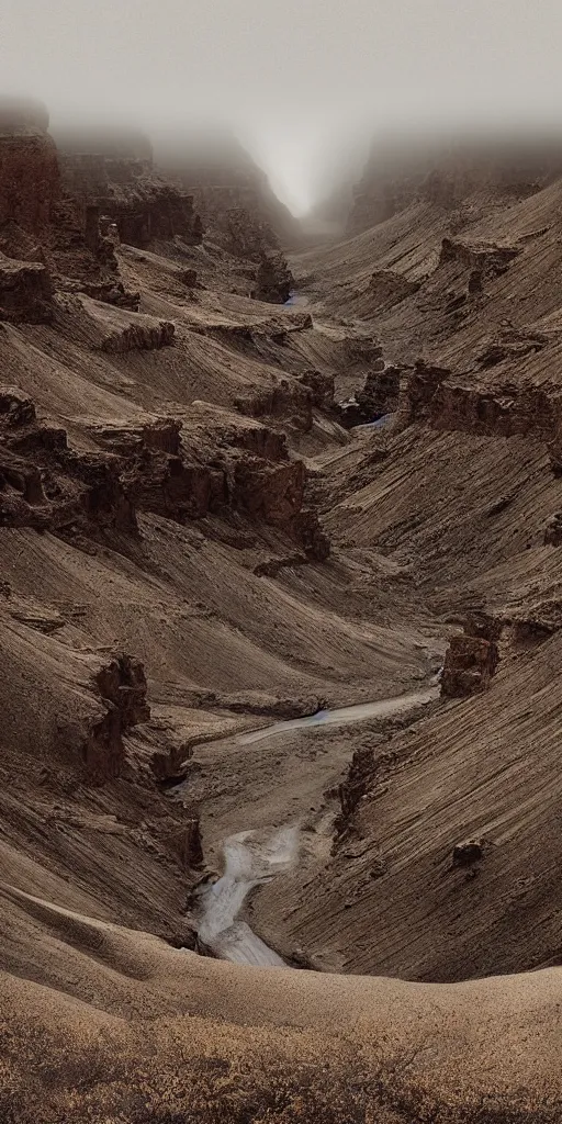 Image similar to dream looking through a hyper realistic photograph of a barren dusty canyon, minimal structure, misty, raining, icelandic valley, small stream, in the style of reuben wu, roger deakins