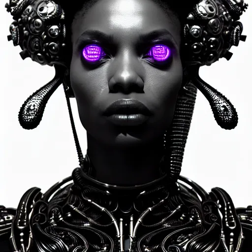 Image similar to portrait of an absurdly beautiful, graceful, sophisticated, fashionable black cyberpunk mechanoid gravure idol, hyperdetailed illustration by irakli nadar, maria borges, matt wisniewski style, intricate linework, dark black skin, neon jellyfish headdress, ivory carved ruff, unreal engine 5 highly rendered, global illumination, radiant light, detailed and intricate environment