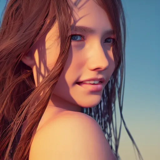 Prompt: real life photo of a beautiful girl, full body photoshoot, long brown hair, brown eyes, full round face, short smile, belly free, thin long sleeved, beach setting, cinematic lightning, medium shot, mid - shot, highly detailed, trending on artstation, unreal engine 4 k, 8 0 mm, 8 5 mm, cinematic wallpaper