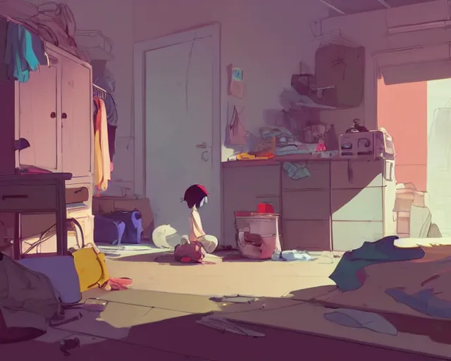 Image similar to an untidy room with laundry on the floor, detailed, by cory loftis, james gilleard, atey ghailan, makoto shinkai, goro fujita, studio ghibli, plain background