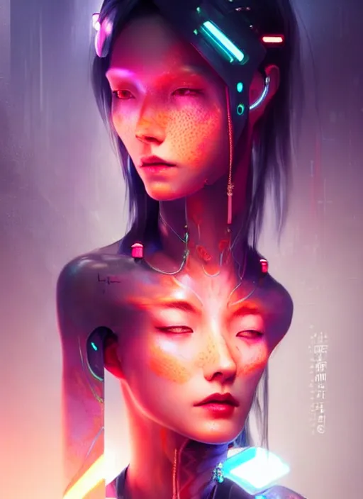 Image similar to sensual oriental female humanoid with freckles, by loish, d & d, fantasy, cyber neon lighting, futurism, intricate futuristic jewelry accessories, cyberpunk high fashion, profile posing, hyper photorealistic, digital photography, artstation, pinterest, concept art, art by pascal blanche and greg rutkowski,