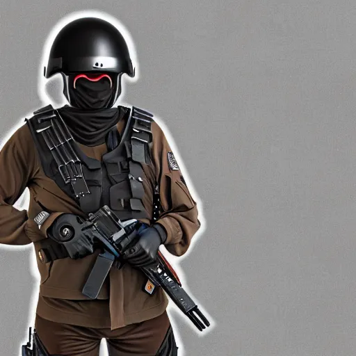 Image similar to futuristic insurgent wearing black helmet glossy visor, brown cloak, technical vest, and a backpack, photorealistic, digital art , red tint