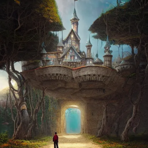 Image similar to a man walking down a road with a castle floating in the sky, a detailed matte painting by Chris LaBrooy, shutterstock contest winner, fantasy art, matte painting, cinematic