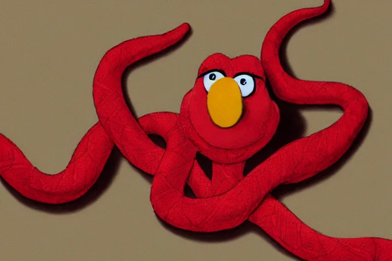 Prompt: A snake with a Elmo\'s head, photorealistic imagery, 8k quality