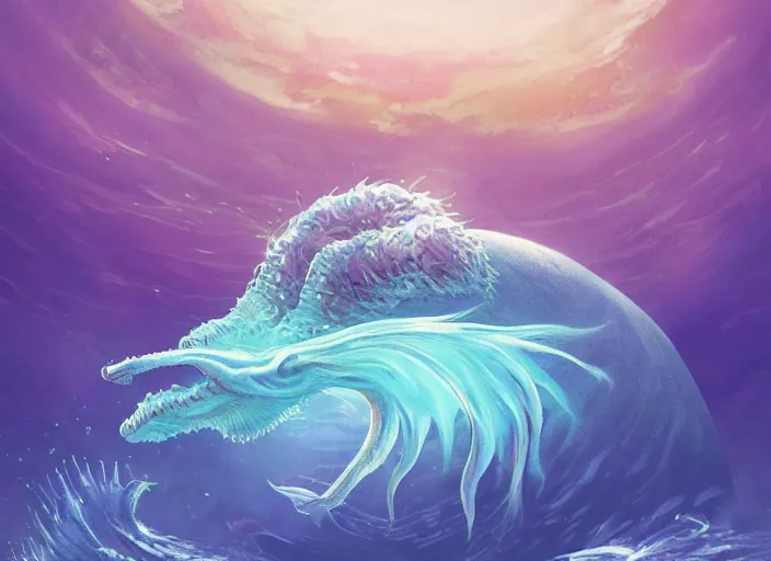 Prompt: a majestic water-dwelling creature with a cute smiling face, creature rising through the surface of the water, lake and sea beast, digital painting, masterpiece, 4k wallpaper, fantasy creature design by Moebius and Hayao Miyazaki, beautiful, gorgeous, artstation