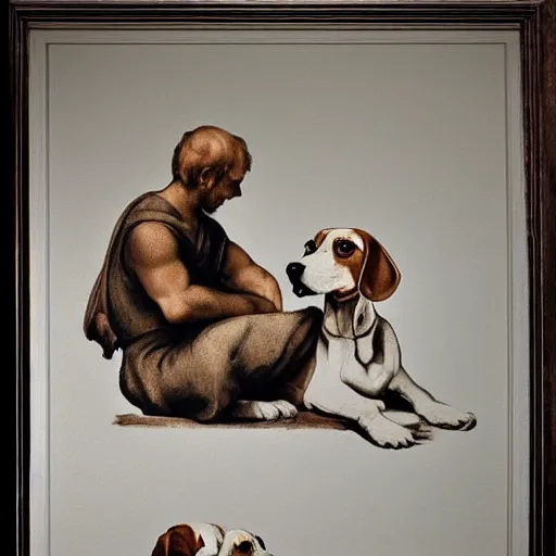 Image similar to sitting beagle, artist sketch, michelangelo, beautiful composition, masterpiece