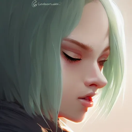 Prompt: very cool girl blonde hair black back, mint higlights, strong eyelashes, cute nose and lips makeup, nose piercing, detailed portrait, intricate complexity, by greg rutkowski, artgerm, ross tran, conrad roset, takato yomamoto, ilya kuvshinov. 4 k, beautiful, cinematic dramatic atmosphere