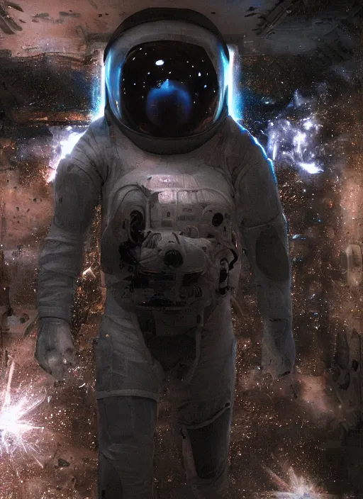 Prompt: infrared concept art by craig mullins astronauts in futuristic dark and empty spaceship underwater. complex and hyperdetailed technical glowing suit. reflection and dispersion materials. rays and dispersion of light. volumetric light. 5 0 mm, f / 3 2. noise film photo. flash photography. octane render. interstellar movie art