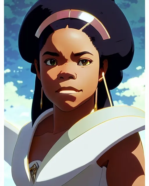 Image similar to azctec warrior, regina hall, detailed perfect face, exquisite details, fire magic, mid view, design on a white background, by studio muti, greg rutkowski makoto shinkai takashi takeuchi studio ghibli