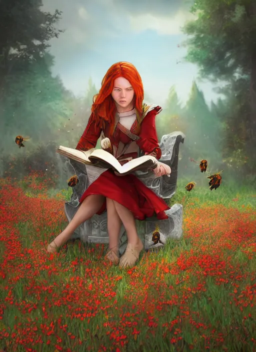 Prompt: An epic fantasy comic book style portrait painting of a young red headed girl reading a book in a field of flowers surrounded by bees in the style of the wheel of time, unreal 5, DAZ, hyperrealistic, octane render, cosplay, RPG portrait, dynamic lighting